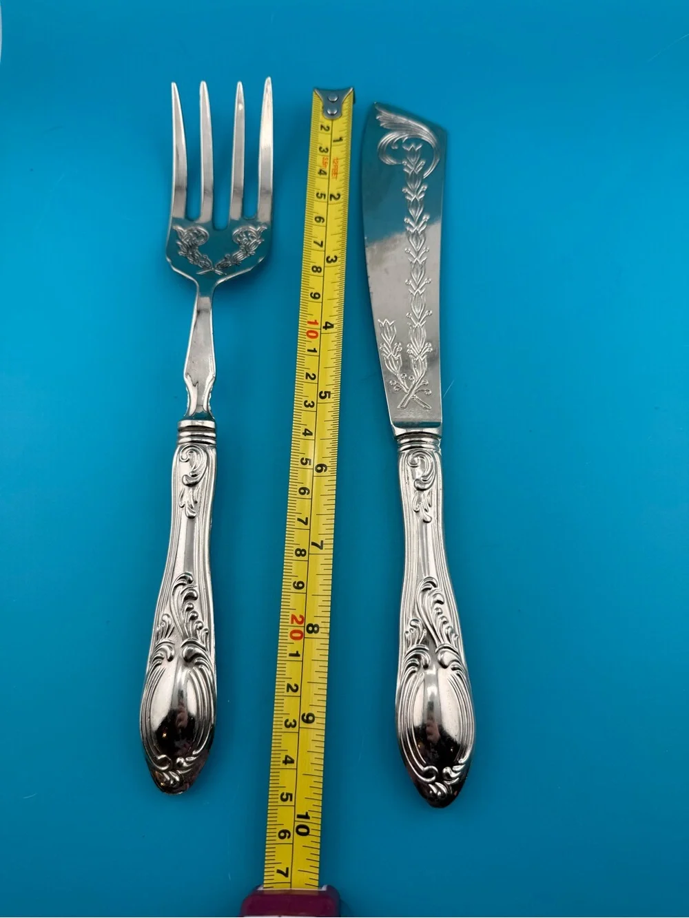 Antique 800 Silver Fish Serving Fork & Knife Set Ornate Floral 215g European